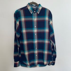 J Crew Sz Small mens long sleeve plaid blue navy turquoise red button up shirt